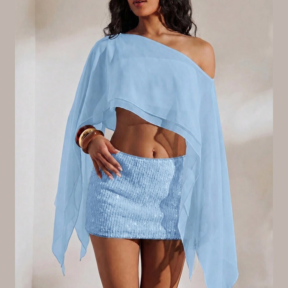 Sky Blue Sheer Chiffon Asymmetrical One Shoulder Cape Crop Top